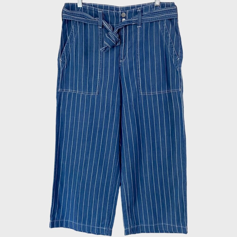 SEVEN 7 Belted Wide-Leg Cropped Pants Women's Size 8 Blue Striped Loose-Fit New